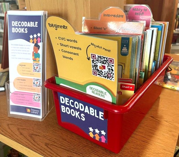 Bin of decodable books at Delaware County District Library
